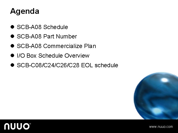 Agenda l SCB-A 08 Schedule l SCB-A 08 Part Number l SCB-A 08 Commercialize