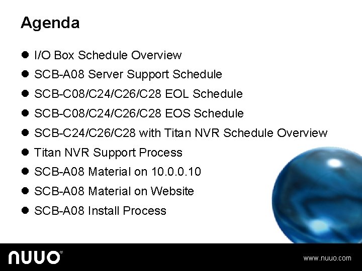 Agenda l I/O Box Schedule Overview l SCB-A 08 Server Support Schedule l SCB-C
