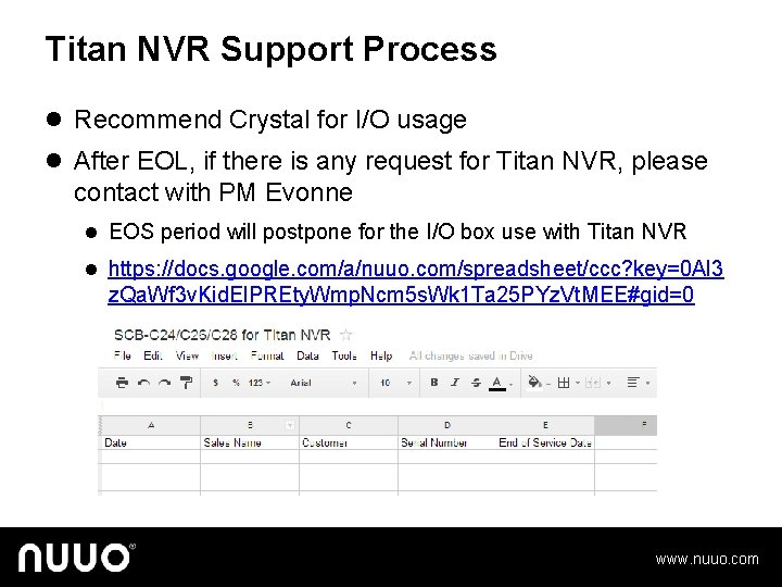 Titan NVR Support Process l Recommend Crystal for I/O usage l After EOL, if