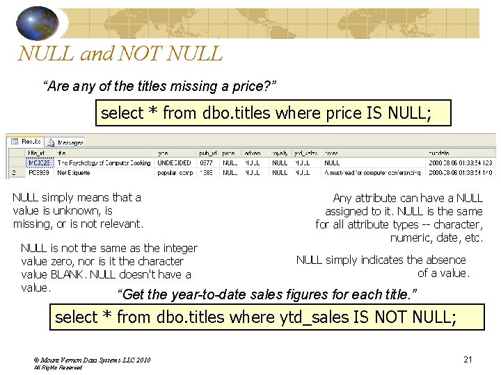 NULL and NOT NULL “Are any of the titles missing a price? ” select NULL and NOT NULL “Are any of the titles missing a price? ” select