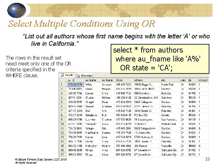 Select Multiple Conditions Using OR “List out all authors whose first name begins with Select Multiple Conditions Using OR “List out all authors whose first name begins with