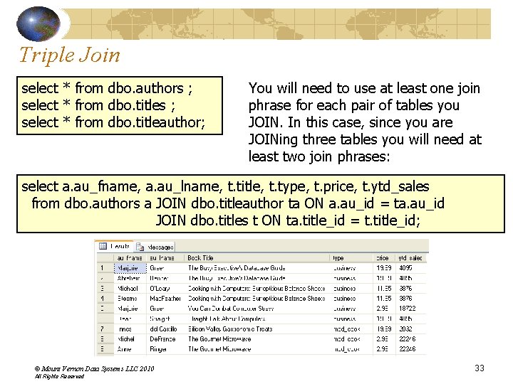 Triple Join select * from dbo. authors ; select * from dbo. titleauthor; You Triple Join select * from dbo. authors ; select * from dbo. titleauthor; You