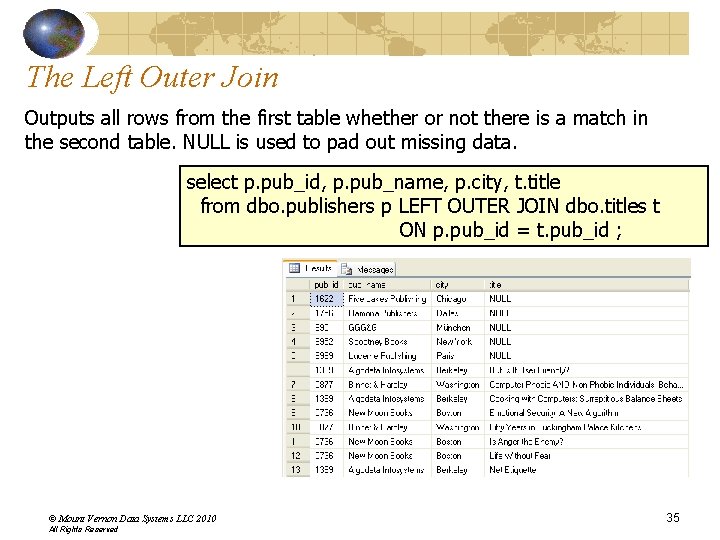 The Left Outer Join Outputs all rows from the first table whether or not The Left Outer Join Outputs all rows from the first table whether or not