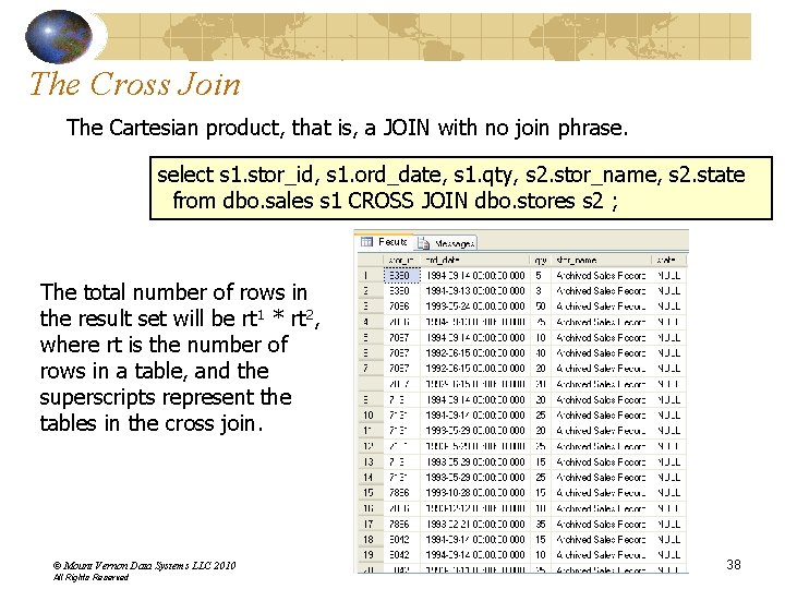The Cross Join The Cartesian product, that is, a JOIN with no join phrase. The Cross Join The Cartesian product, that is, a JOIN with no join phrase.