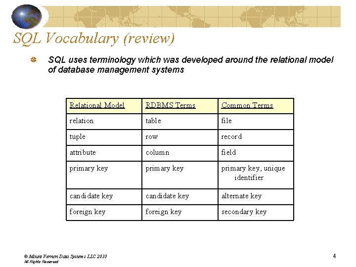 SQL Vocabulary (review) SQL uses terminology which was developed around the relational model of SQL Vocabulary (review) SQL uses terminology which was developed around the relational model of