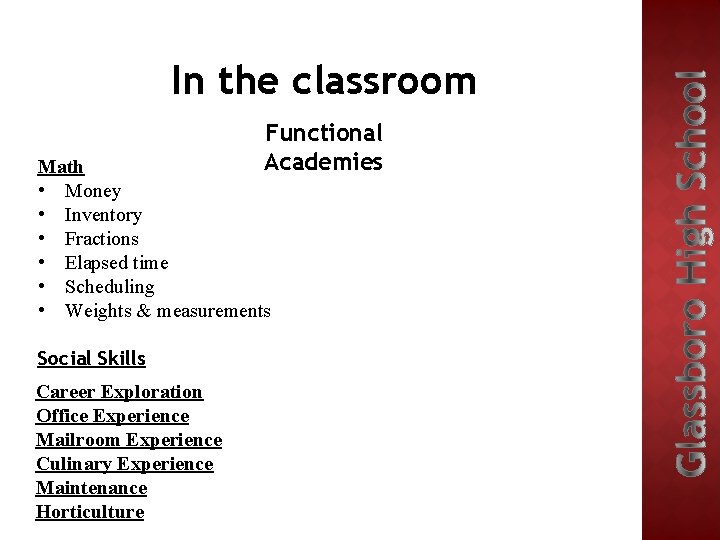 In the classroom Functional Academies Math • Money • Inventory • Fractions • Elapsed