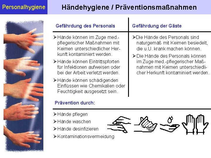 Personalhygiene Händehygiene / Präventionsmaßnahmen Gefährdung des Personals Hände können im Zuge med. pflegerischer Maßnahmen