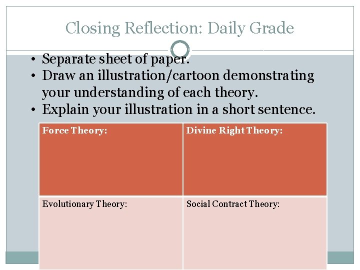 Closing Reflection: Daily Grade • Separate sheet of paper. • Draw an illustration/cartoon demonstrating