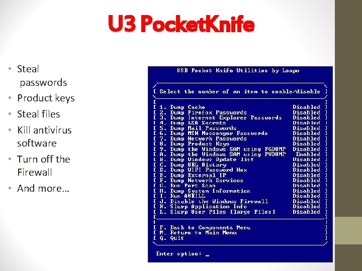 U 3 Pocket. Knife • Steal passwords • Product keys • Steal files •