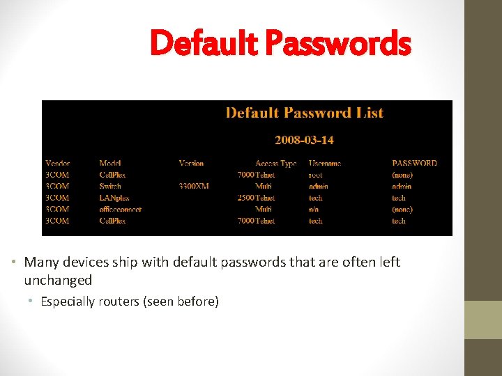 Default Passwords • Many devices ship with default passwords that are often left unchanged