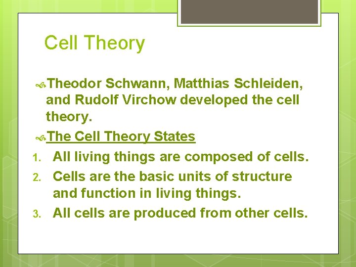 Cell Theory Theodor Schwann, Matthias Schleiden, and Rudolf Virchow developed the cell theory. The
