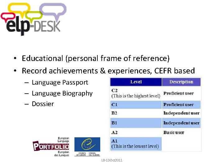  • Educational (personal frame of reference) • Record achievements & experiences, CEFR based