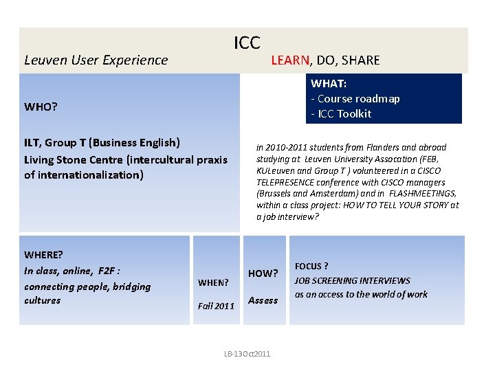 ICC Leuven User Experience LEARN, DO, SHARE WHAT: - Course roadmap - ICC Toolkit