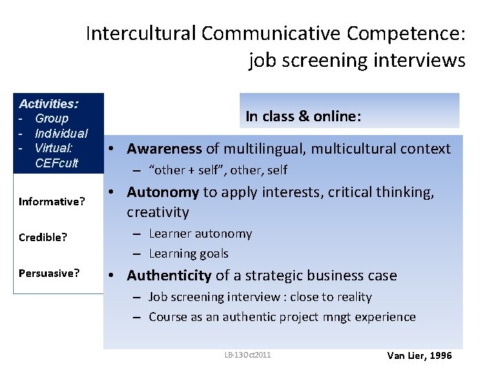 Intercultural Communicative Competence: job screening interviews Activities: - Group - Individual - Virtual: CEFcult