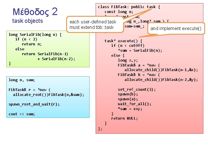 Μέθοδος 2 task objects class Fib. Task: public task { const long n; long