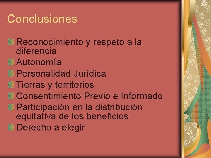 Conclusiones Reconocimiento y respeto a la diferencia Autonomía Personalidad Jurídica Tierras y territorios Consentimiento