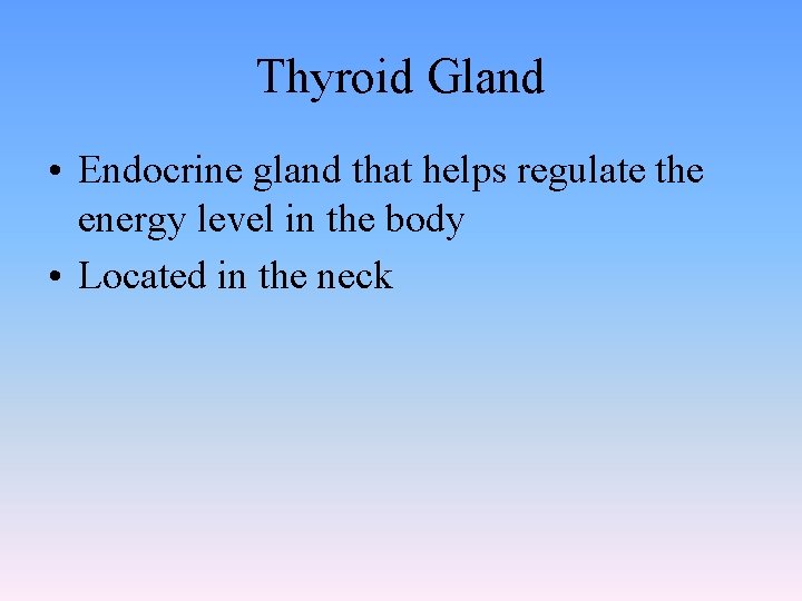 Thyroid Gland • Endocrine gland that helps regulate the energy level in the body