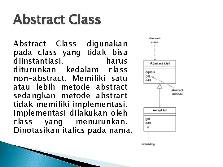 Abstract Class digunakan pada class yang tidak bisa diinstantiasi, harus diturunkan kedalam class non-abstract. Abstract Class digunakan pada class yang tidak bisa diinstantiasi, harus diturunkan kedalam class non-abstract.