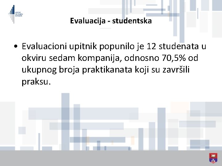 Evaluacija - studentska • Evaluacioni upitnik popunilo je 12 studenata u okviru sedam kompanija,