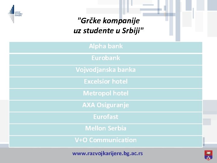 "Grčke kompanije uz studente u Srbiji" Alpha bank Eurobank Vojvodjanska banka Excelsior hotel Metropol