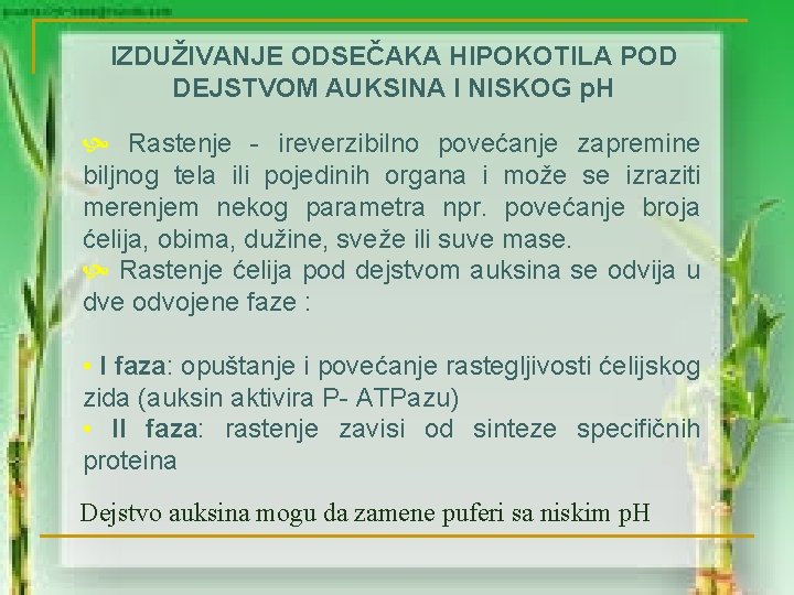 IZDUŽIVANJE ODSEČAKA HIPOKOTILA POD DEJSTVOM AUKSINA I NISKOG p. H Rastenje - ireverzibilno povećanje