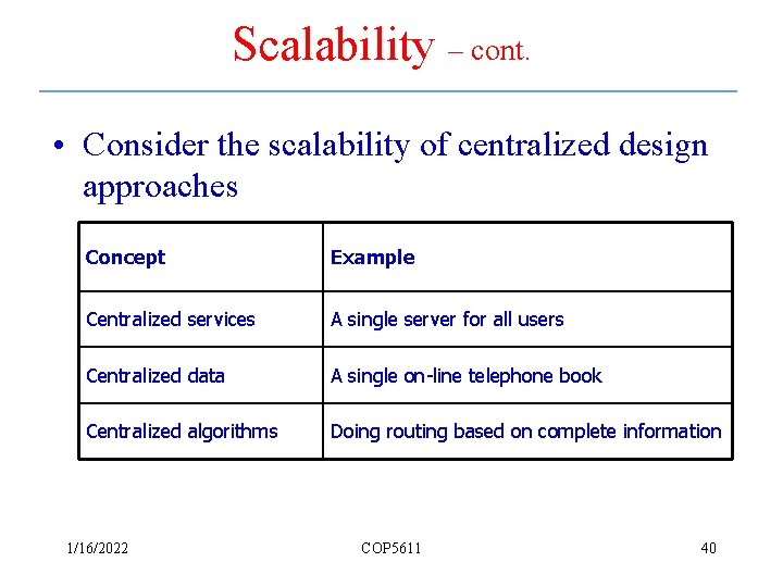 Scalability – cont. • Consider the scalability of centralized design approaches Concept Example Centralized