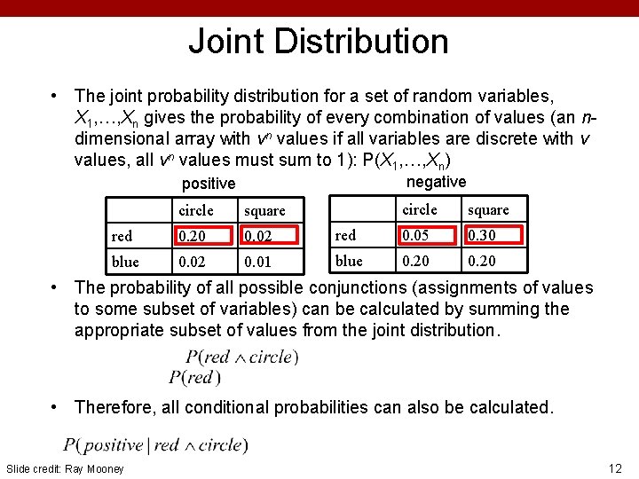 Joint Distribution • The joint probability distribution for a set of random variables, X