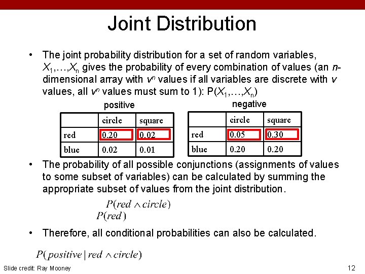 Joint Distribution • The joint probability distribution for a set of random variables, X