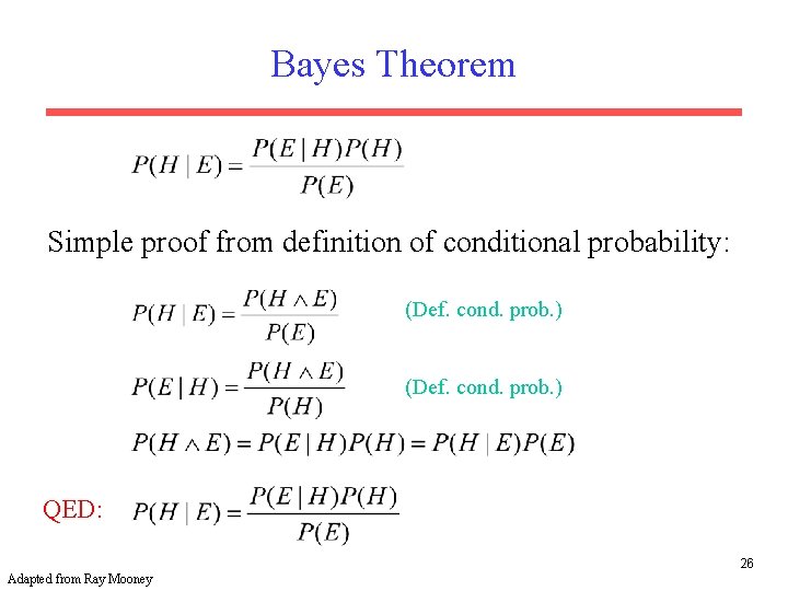 Bayes Theorem Simple proof from definition of conditional probability: (Def. cond. prob. ) QED: