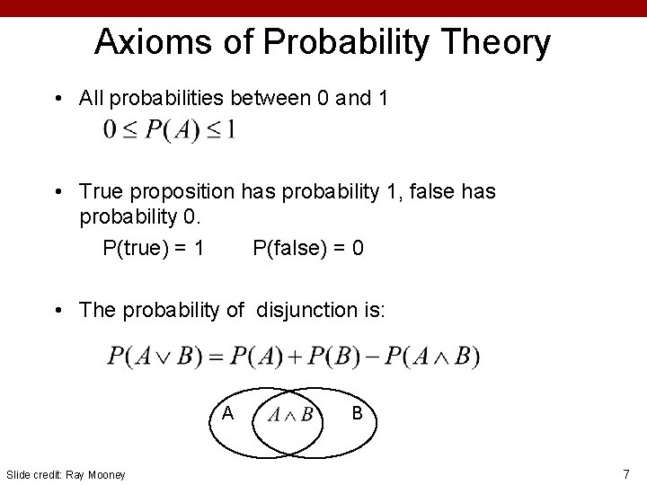 Axioms of Probability Theory • All probabilities between 0 and 1 • True proposition