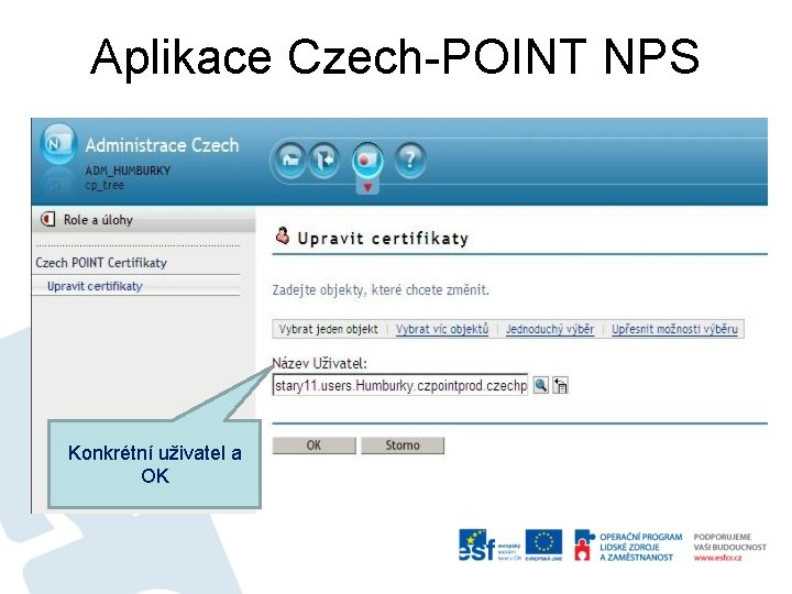 Aplikace Czech-POINT NPS Konkrétní uživatel a OK 