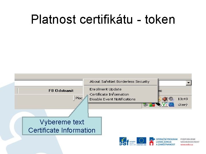 Platnost certifikátu - token Vybereme text Certificate Information 