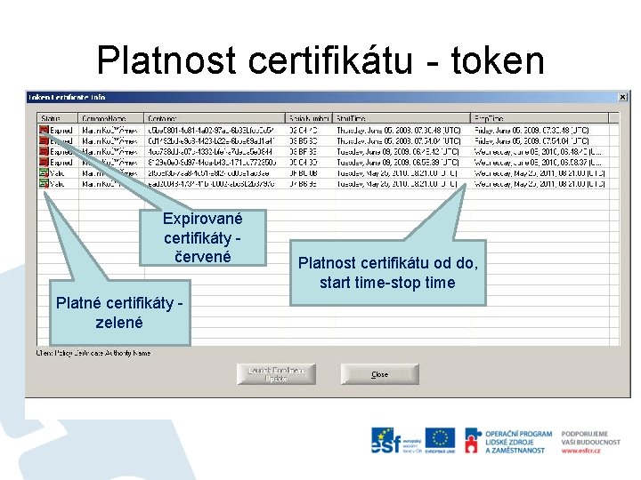 Platnost certifikátu - token Expirované certifikáty červené Platné certifikáty zelené Platnost certifikátu od do,