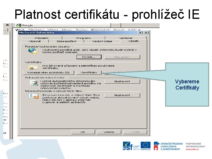 Platnost certifikátu - prohlížeč IE Vybereme Certifikáty 