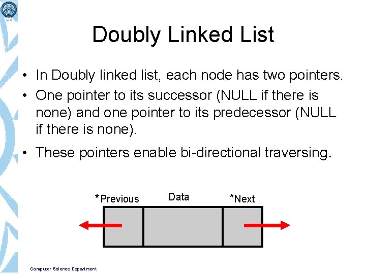 Doubly Linked List • In Doubly linked list, each node has two pointers. •