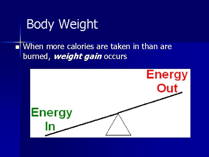 Body Weight n When more calories are taken in than are burned, weight gain