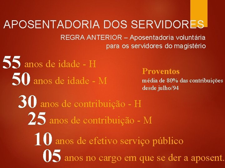 APOSENTADORIA DOS SERVIDORES REGRA ANTERIOR – Aposentadoria voluntária para os servidores do magistério 55