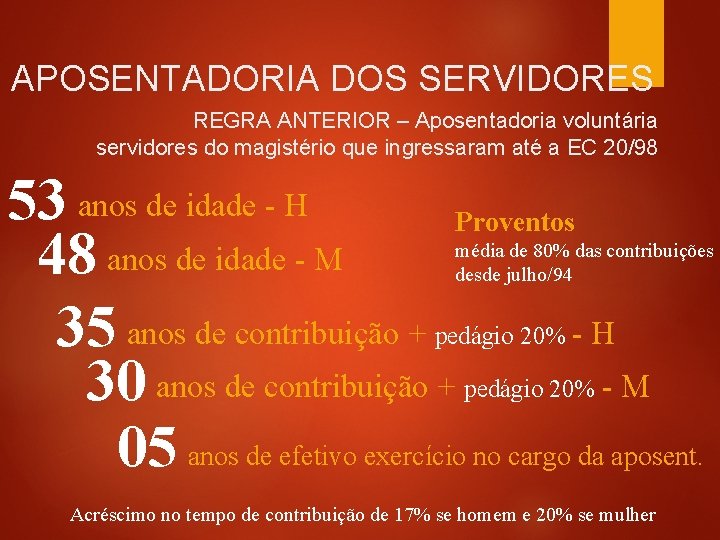 APOSENTADORIA DOS SERVIDORES REGRA ANTERIOR – Aposentadoria voluntária servidores do magistério que ingressaram até