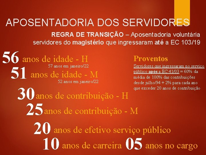 APOSENTADORIA DOS SERVIDORES REGRA DE TRANSIÇÃO – Aposentadoria voluntária servidores do magistério que ingressaram