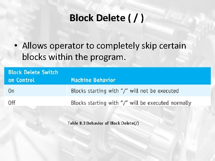 Block Delete ( / ) • Allows operator to completely skip certain blocks within Block Delete ( / ) • Allows operator to completely skip certain blocks within