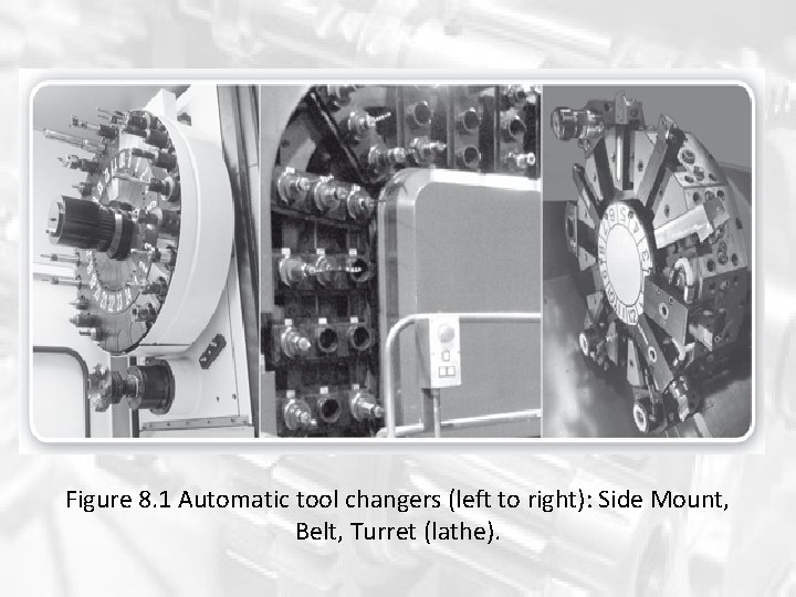 Figure 8. 1 Automatic tool changers (left to right): Side Mount, Belt, Turret (lathe). Figure 8. 1 Automatic tool changers (left to right): Side Mount, Belt, Turret (lathe).