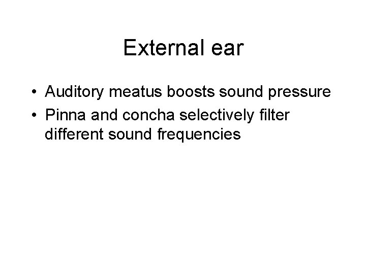 External ear • Auditory meatus boosts sound pressure • Pinna and concha selectively filter