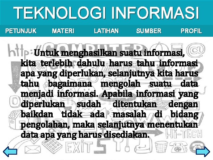 TEKNOLOGI INFORMASI PETUNJUK MATERI LATIHAN SUMBER PROFIL Untuk menghasilkan suatu informasi, kita terlebih dahulu