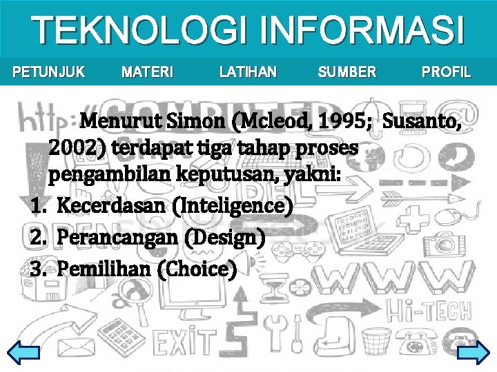 TEKNOLOGI INFORMASI PETUNJUK MATERI LATIHAN SUMBER PROFIL Menurut Simon (Mcleod, 1995; Susanto, 2002) terdapat