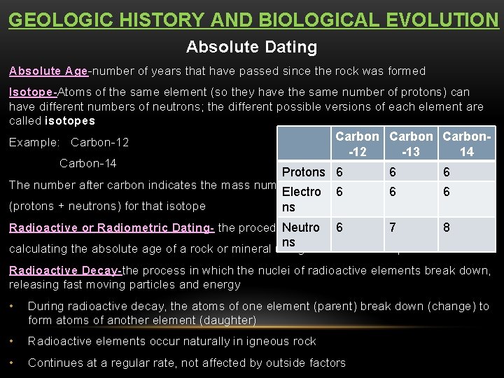 GEOLOGIC HISTORY AND BIOLOGICAL EVOLUTION Absolute Dating Absolute Age-number of years that have passed