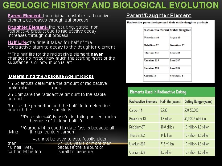 GEOLOGIC HISTORY AND BIOLOGICAL EVOLUTION Parent Element- the original, unstable, radioactive element, decreases through