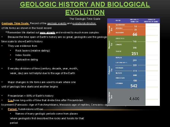 GEOLOGIC HISTORY AND BIOLOGICAL EVOLUTION The Geologic Time Scale- Record of the geologic events