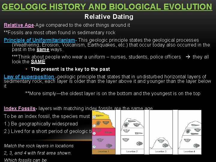 GEOLOGIC HISTORY AND BIOLOGICAL EVOLUTION Relative Dating Relative Age-Age compared to the other things