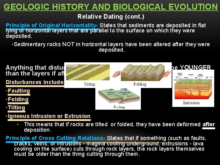 GEOLOGIC HISTORY AND BIOLOGICAL EVOLUTION Relative Dating (cont. ) Principle of Original Horizontality- States