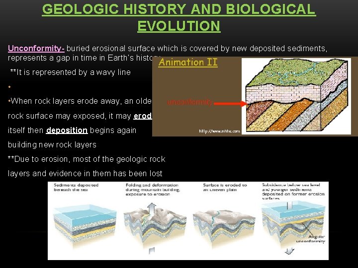 GEOLOGIC HISTORY AND BIOLOGICAL EVOLUTION Unconformity- buried erosional surface which is covered by new